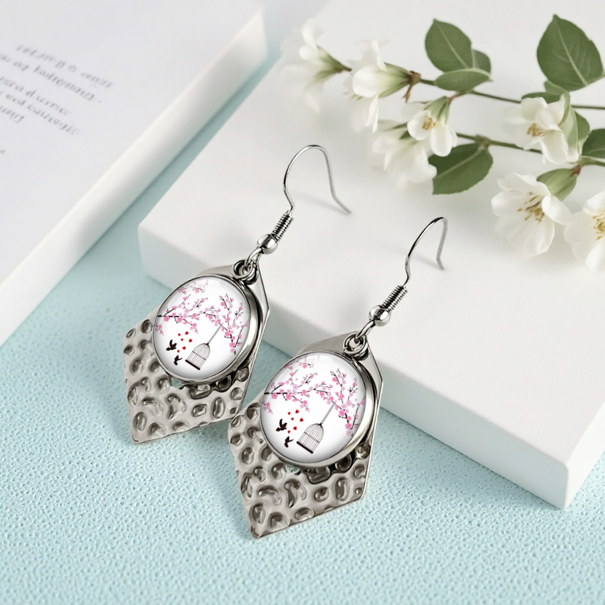 Cherry Blossom Birdcage Hexagonal Dangle Earrings